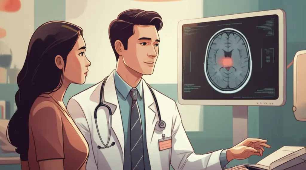 Bác sĩ xem MRI não, giải thích cho bệnh nhân